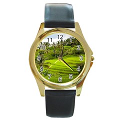 Rice Terrace Terraces Round Gold Metal Watch by Nexatart