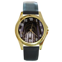 Sainte Chapelle Paris Stained Glass Round Gold Metal Watch by Nexatart