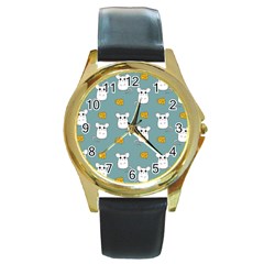 Cute Mouse Pattern Round Gold Metal Watch by Valentinaart