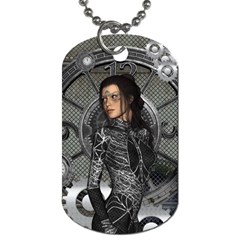 Steampunk, Steampunk Lady, Clocks And Gears In Silver Dog Tag (one Side) by FantasyWorld7