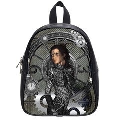 Steampunk, Steampunk Lady, Clocks And Gears In Silver School Bag (small) by FantasyWorld7