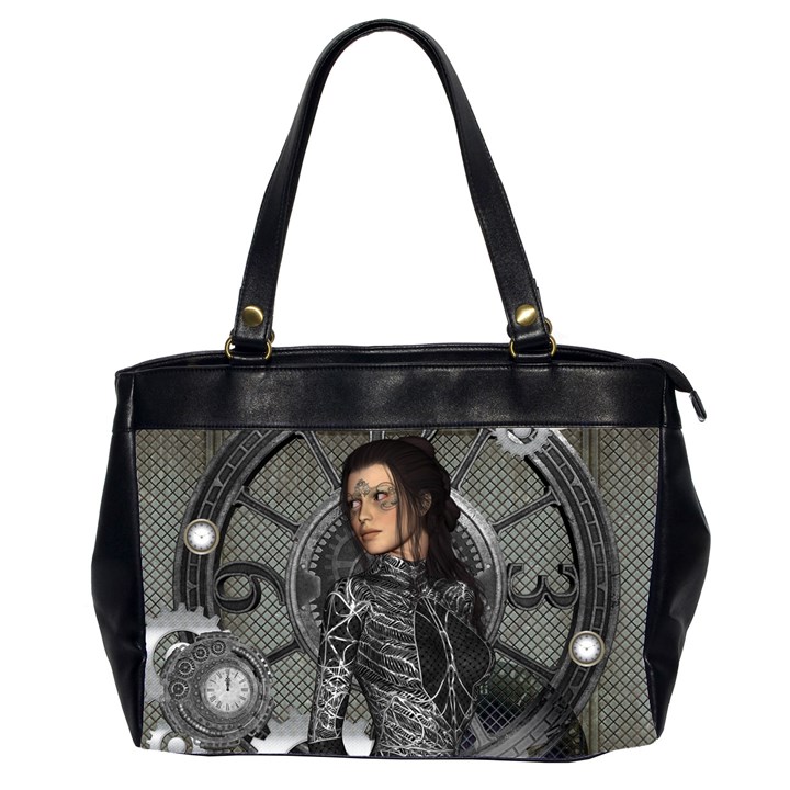 Steampunk, Steampunk Lady, Clocks And Gears In Silver Office Handbags (2 Sides) 