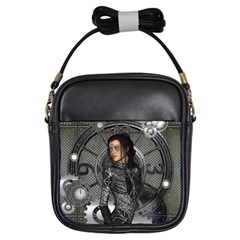 Steampunk, Steampunk Lady, Clocks And Gears In Silver Girls Sling Bags by FantasyWorld7