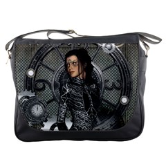 Steampunk, Steampunk Lady, Clocks And Gears In Silver Messenger Bags by FantasyWorld7