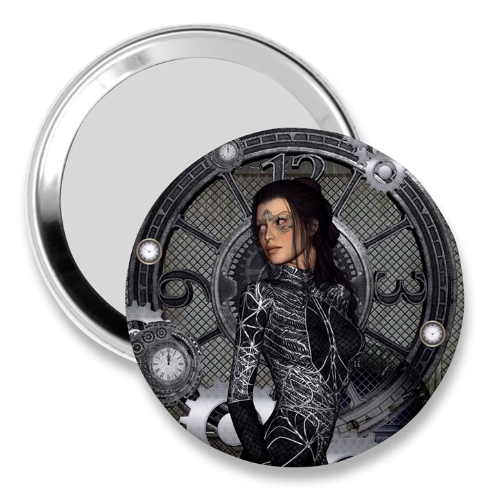 Steampunk, Steampunk Lady, Clocks And Gears In Silver 3  Handbag Mirrors