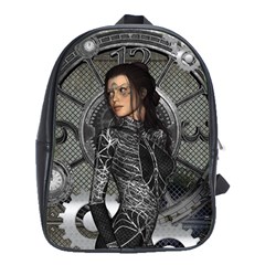 Steampunk, Steampunk Lady, Clocks And Gears In Silver School Bag (xl) by FantasyWorld7