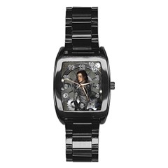 Steampunk, Steampunk Lady, Clocks And Gears In Silver Stainless Steel Barrel Watch by FantasyWorld7