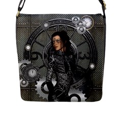 Steampunk, Steampunk Lady, Clocks And Gears In Silver Flap Messenger Bag (l)  by FantasyWorld7