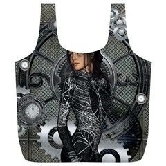 Steampunk, Steampunk Lady, Clocks And Gears In Silver Full Print Recycle Bags (l)  by FantasyWorld7