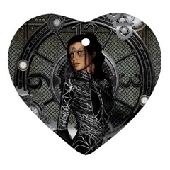 Steampunk, Steampunk Lady, Clocks And Gears In Silver Ornament (heart) by FantasyWorld7