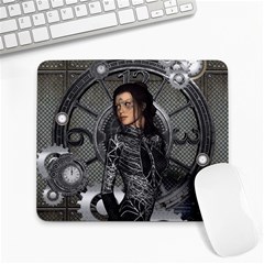 Steampunk, Steampunk Lady, Clocks And Gears In Silver Large Mousepads by FantasyWorld7