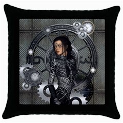 Steampunk, Steampunk Lady, Clocks And Gears In Silver Throw Pillow Case (black) by FantasyWorld7