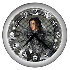 Steampunk, Steampunk Lady, Clocks And Gears In Silver Wall Clocks (silver)  by FantasyWorld7