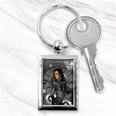 Steampunk, Steampunk Lady, Clocks And Gears In Silver Key Chains (rectangle)  by FantasyWorld7