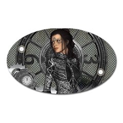 Steampunk, Steampunk Lady, Clocks And Gears In Silver Oval Magnet by FantasyWorld7