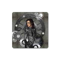 Steampunk, Steampunk Lady, Clocks And Gears In Silver Square Magnet by FantasyWorld7