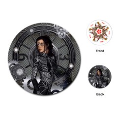 Steampunk, Steampunk Lady, Clocks And Gears In Silver Playing Cards (round)  by FantasyWorld7