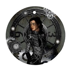 Steampunk, Steampunk Lady, Clocks And Gears In Silver Round Ornament (two Sides) by FantasyWorld7