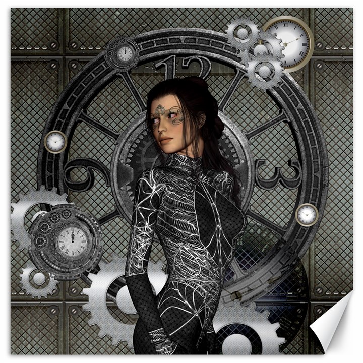 Steampunk, Steampunk Lady, Clocks And Gears In Silver Canvas 16  x 16  