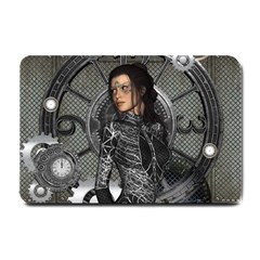 Steampunk, Steampunk Lady, Clocks And Gears In Silver Small Doormat  by FantasyWorld7