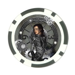 Steampunk, Steampunk Lady, Clocks And Gears In Silver Poker Chip Card Guard by FantasyWorld7