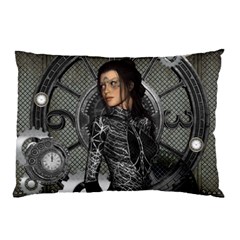 Steampunk, Steampunk Lady, Clocks And Gears In Silver Pillow Case by FantasyWorld7