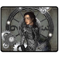 Steampunk, Steampunk Lady, Clocks And Gears In Silver Double Sided Fleece Blanket (medium)  by FantasyWorld7