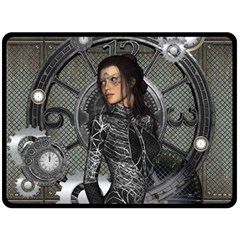 Steampunk, Steampunk Lady, Clocks And Gears In Silver Double Sided Fleece Blanket (large)  by FantasyWorld7