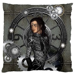 Steampunk, Steampunk Lady, Clocks And Gears In Silver Large Flano Cushion Case (two Sides)