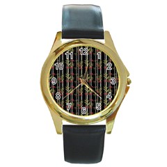 Bamboo Pattern Round Gold Metal Watch by ValentinaDesign