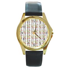 Bamboo Pattern Round Gold Metal Watch by ValentinaDesign