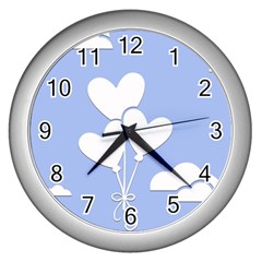 Clouds Sky Air Balloons Heart Blue Wall Clocks (silver)  by Nexatart