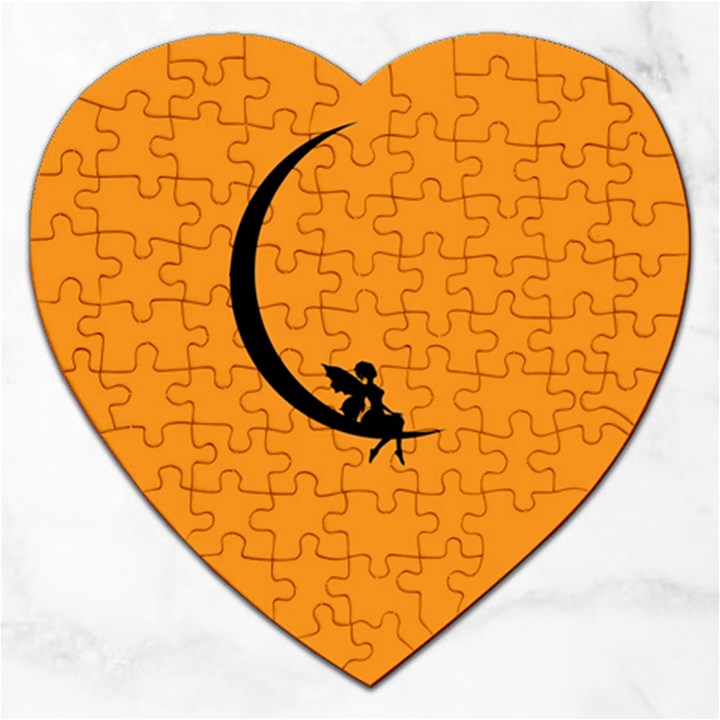 Angle Moon Scene Girl Wings Black Jigsaw Puzzle (Heart)