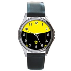 Flower Land Yellow Black Design Round Metal Watch by Nexatart