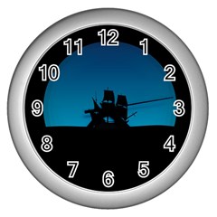 Ship Night Sailing Water Sea Sky Wall Clocks (silver)  by Nexatart