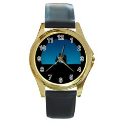 Ship Night Sailing Water Sea Sky Round Gold Metal Watch by Nexatart