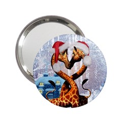 Christmas, Giraffe In Love With Christmas Hat 2 25  Handbag Mirrors by FantasyWorld7