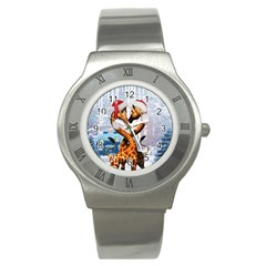 Christmas, Giraffe In Love With Christmas Hat Stainless Steel Watch by FantasyWorld7