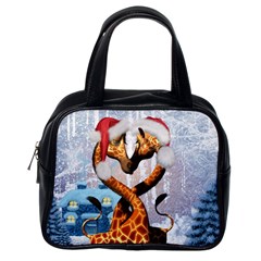 Christmas, Giraffe In Love With Christmas Hat Classic Handbags (one Side) by FantasyWorld7