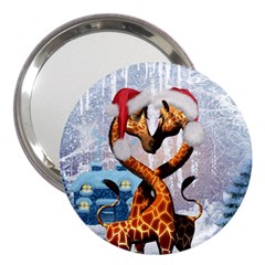 Christmas, Giraffe In Love With Christmas Hat 3  Handbag Mirrors by FantasyWorld7