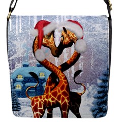 Christmas, Giraffe In Love With Christmas Hat Flap Messenger Bag (s) by FantasyWorld7