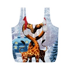 Christmas, Giraffe In Love With Christmas Hat Full Print Recycle Bags (m)  by FantasyWorld7