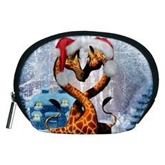 Christmas, Giraffe In Love With Christmas Hat Accessory Pouches (medium)  by FantasyWorld7