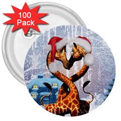 Christmas, Giraffe In Love With Christmas Hat 3  Buttons (100 Pack)  by FantasyWorld7