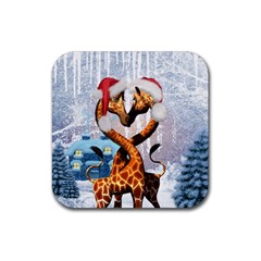 Christmas, Giraffe In Love With Christmas Hat Rubber Coaster (square)  by FantasyWorld7