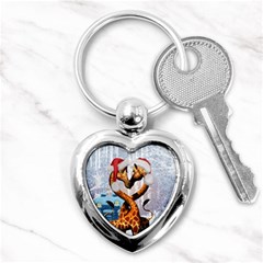 Christmas, Giraffe In Love With Christmas Hat Key Chains (heart)  by FantasyWorld7