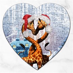 Christmas, Giraffe In Love With Christmas Hat Jigsaw Puzzle (heart) by FantasyWorld7