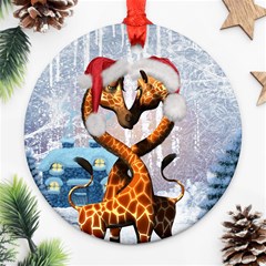 Christmas, Giraffe In Love With Christmas Hat Round Ornament (two Sides) by FantasyWorld7