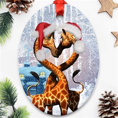 Christmas, Giraffe In Love With Christmas Hat Oval Ornament (two Sides) by FantasyWorld7