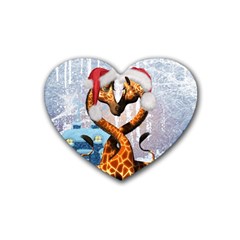 Christmas, Giraffe In Love With Christmas Hat Rubber Coaster (heart)  by FantasyWorld7